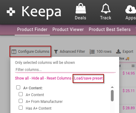 Keepa Configure Columns Screenshot