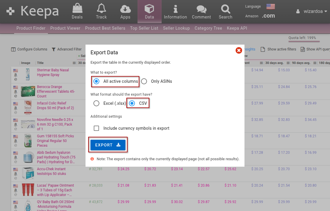 Keepa Export ASINs Screenshot