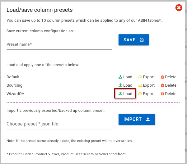 Keepa Load Preset Screenshot