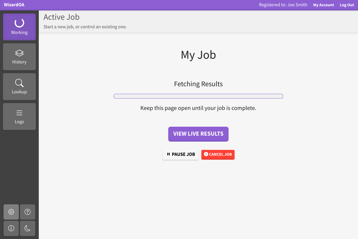 WizardOA Running Job Screenshot